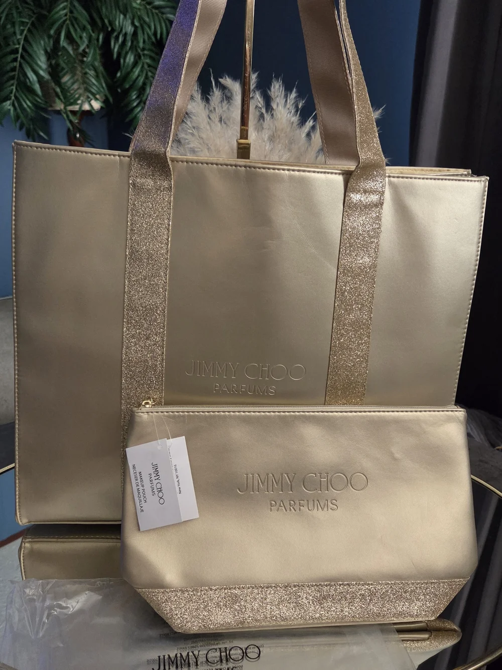 NWT Jimmy Choo Metallic Gold Tote with Glitter Strap and matching  Pouch